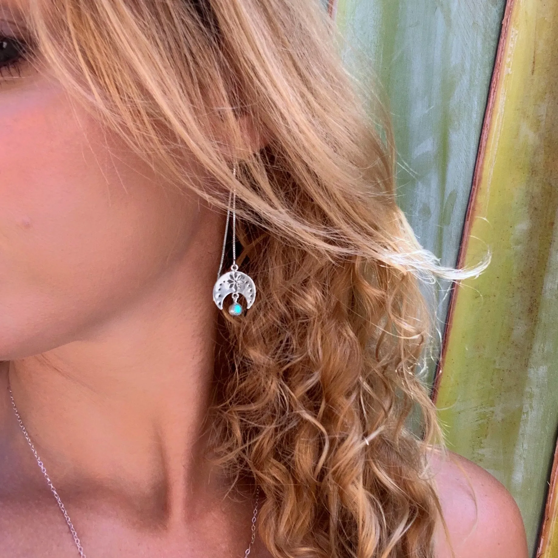 Moon & opal threader earrings in silver