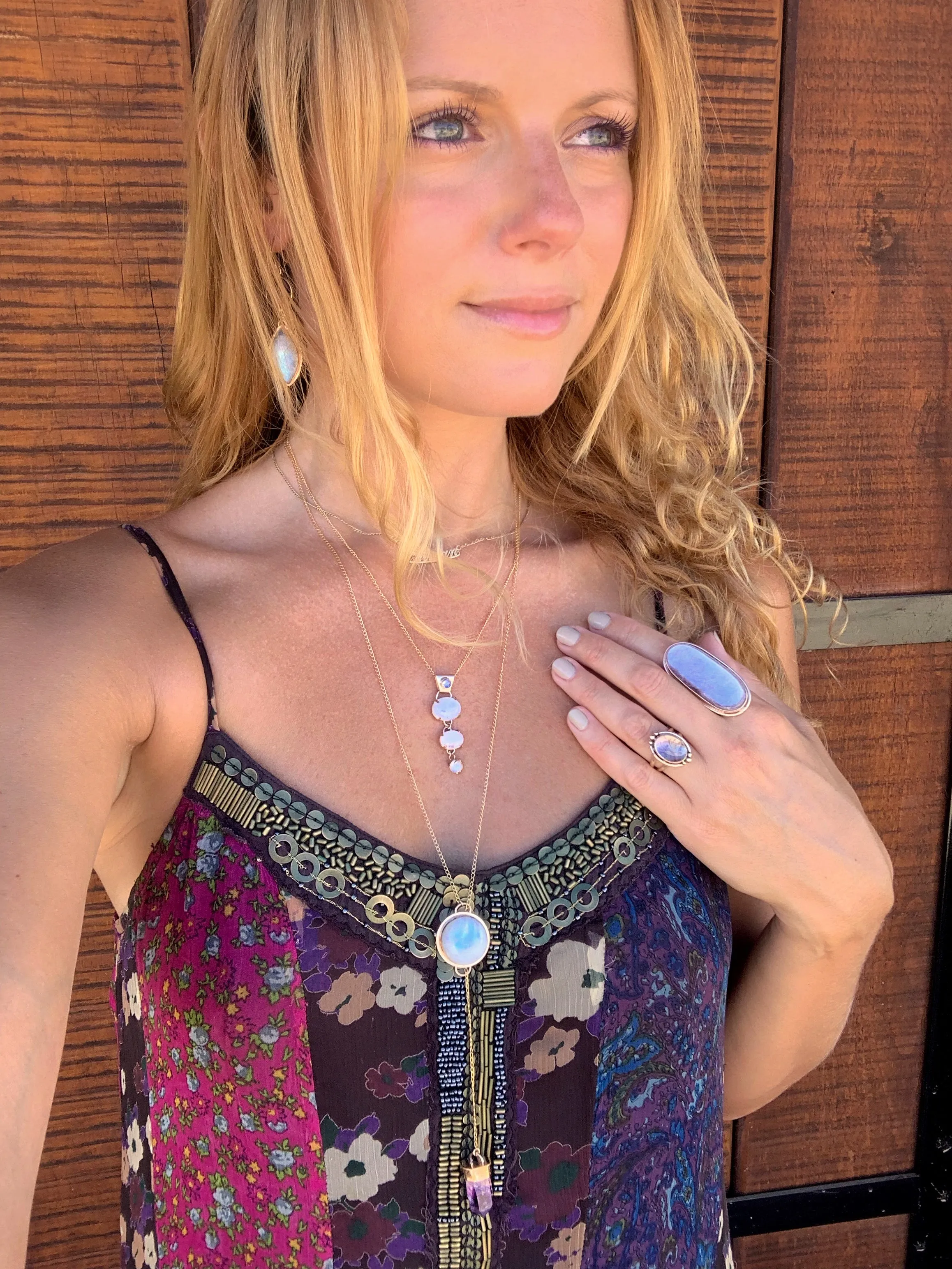 Moonstone & amethyst lariat necklace in 14K gold-fill