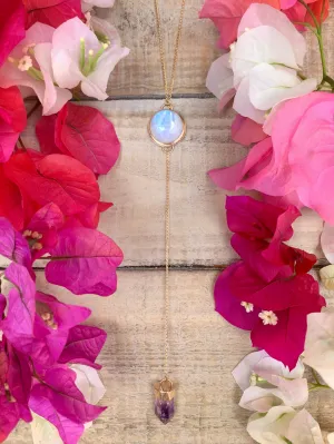 Moonstone & amethyst lariat necklace in 14K gold-fill