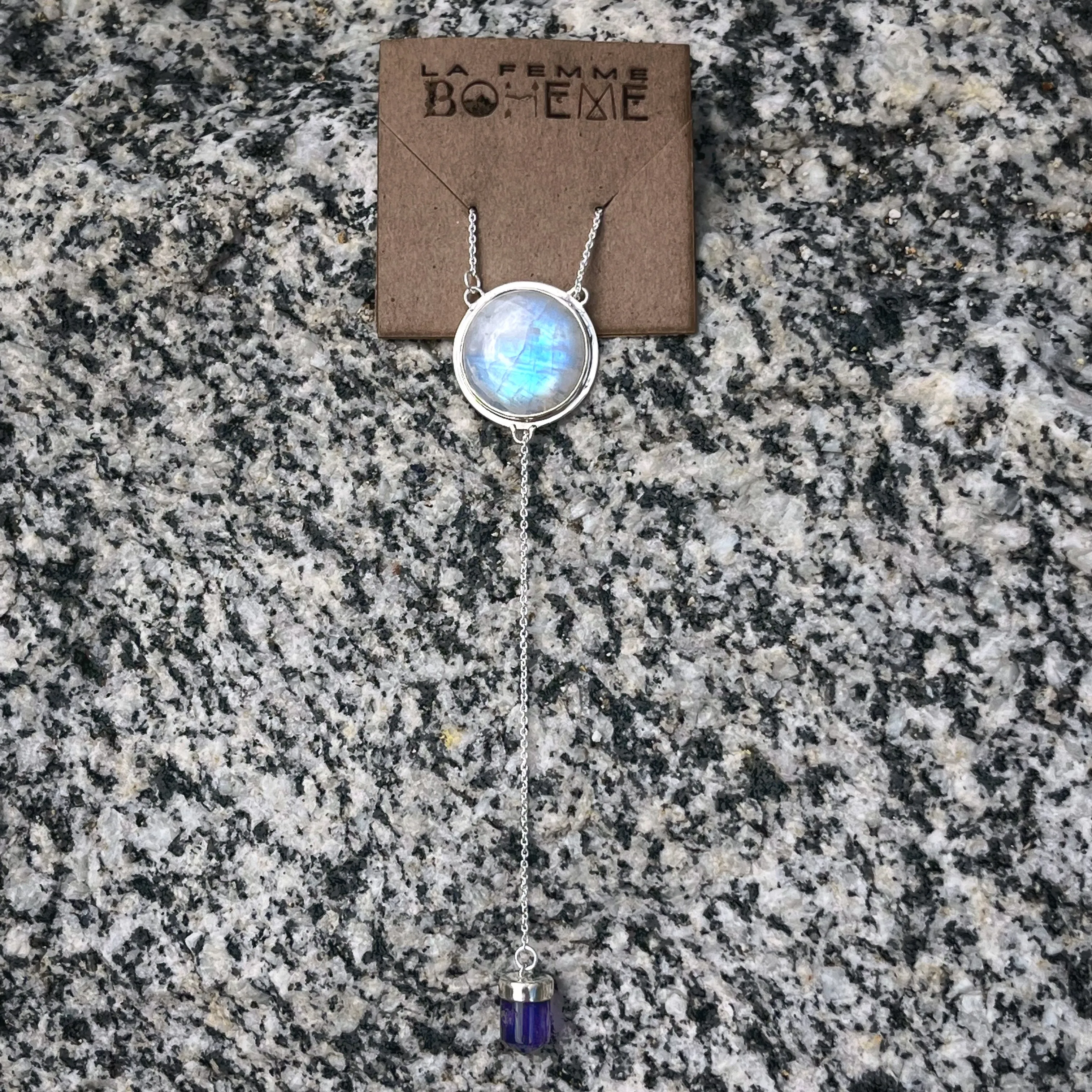 Moonstone & amethyst lariat necklace in silver