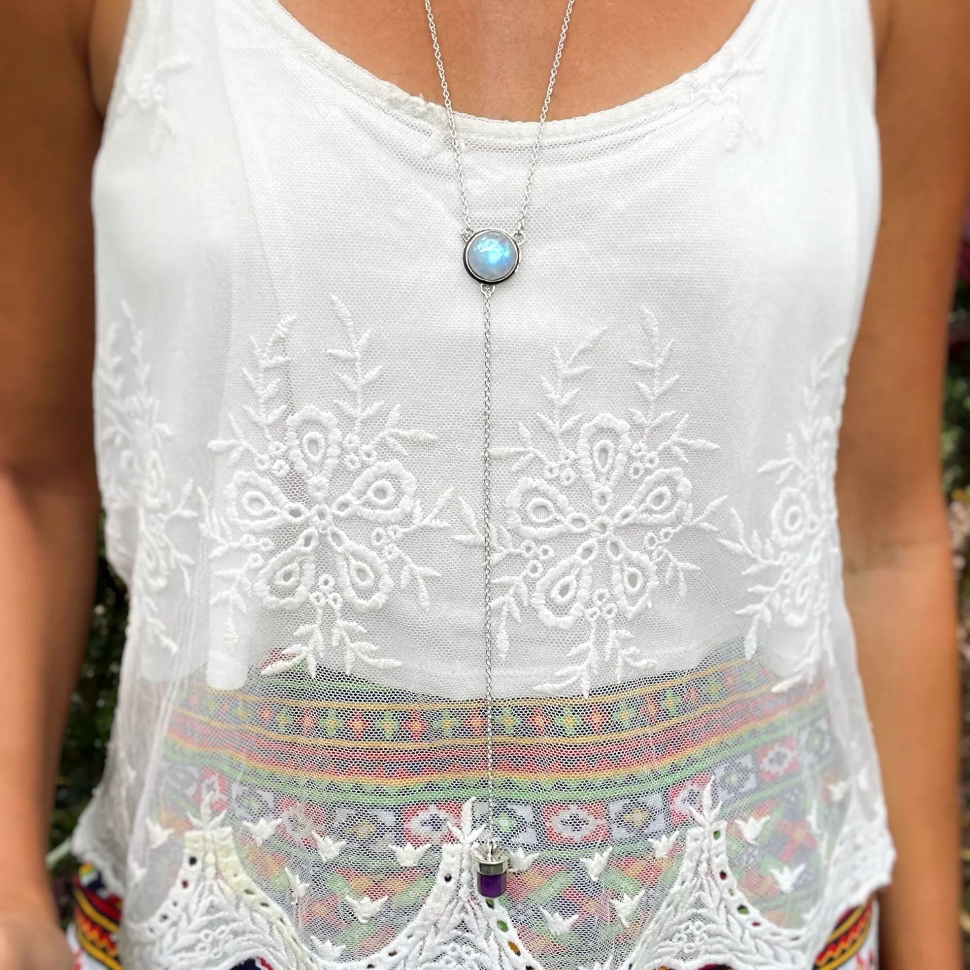 Moonstone & amethyst lariat necklace in silver