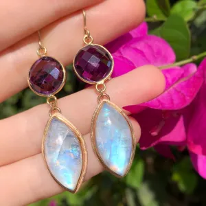 Moonstone & faceted amethyst dangle earrings in 14K gold-fill