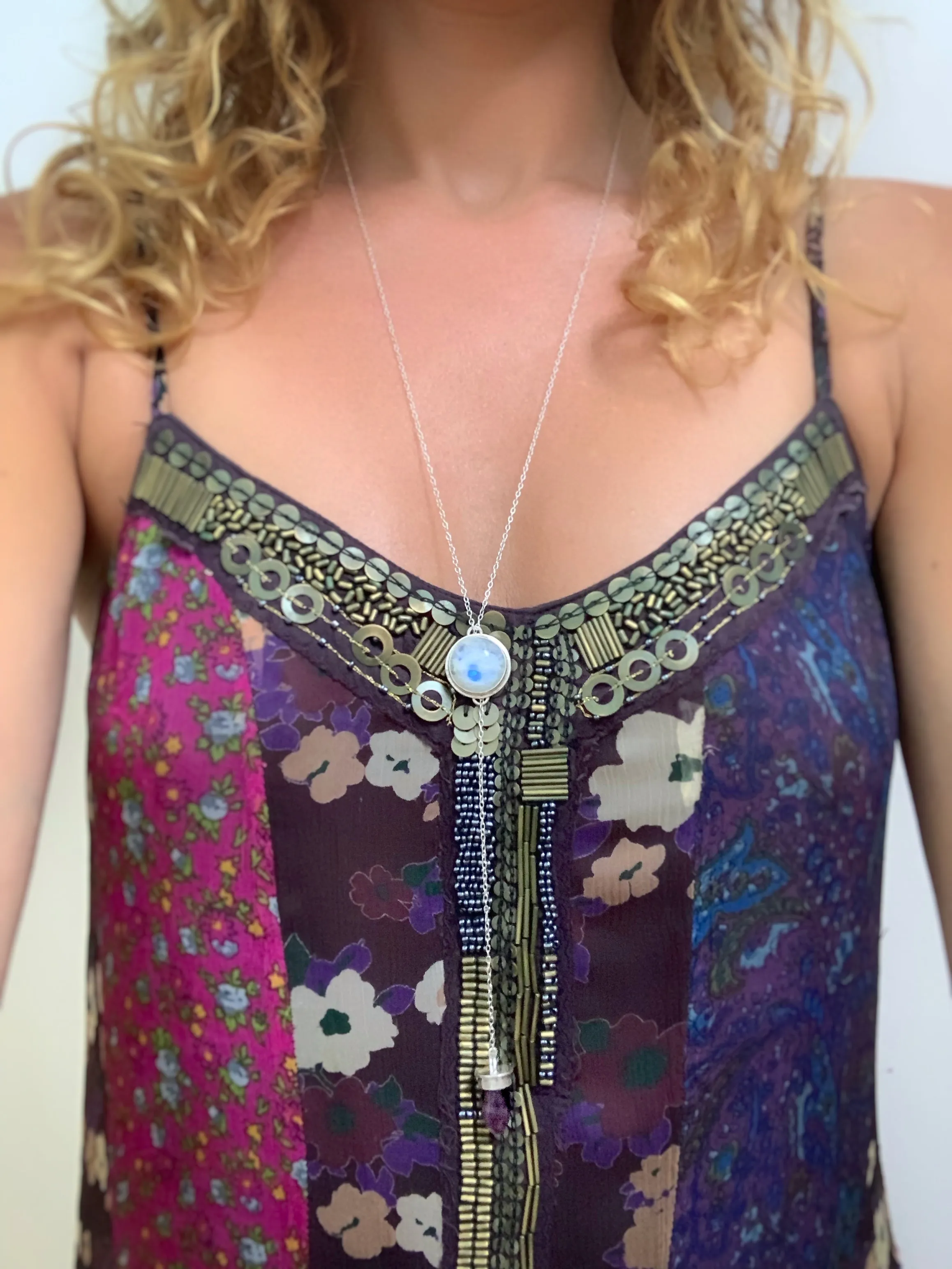 Moonstone & fluorite lariat necklace in silver