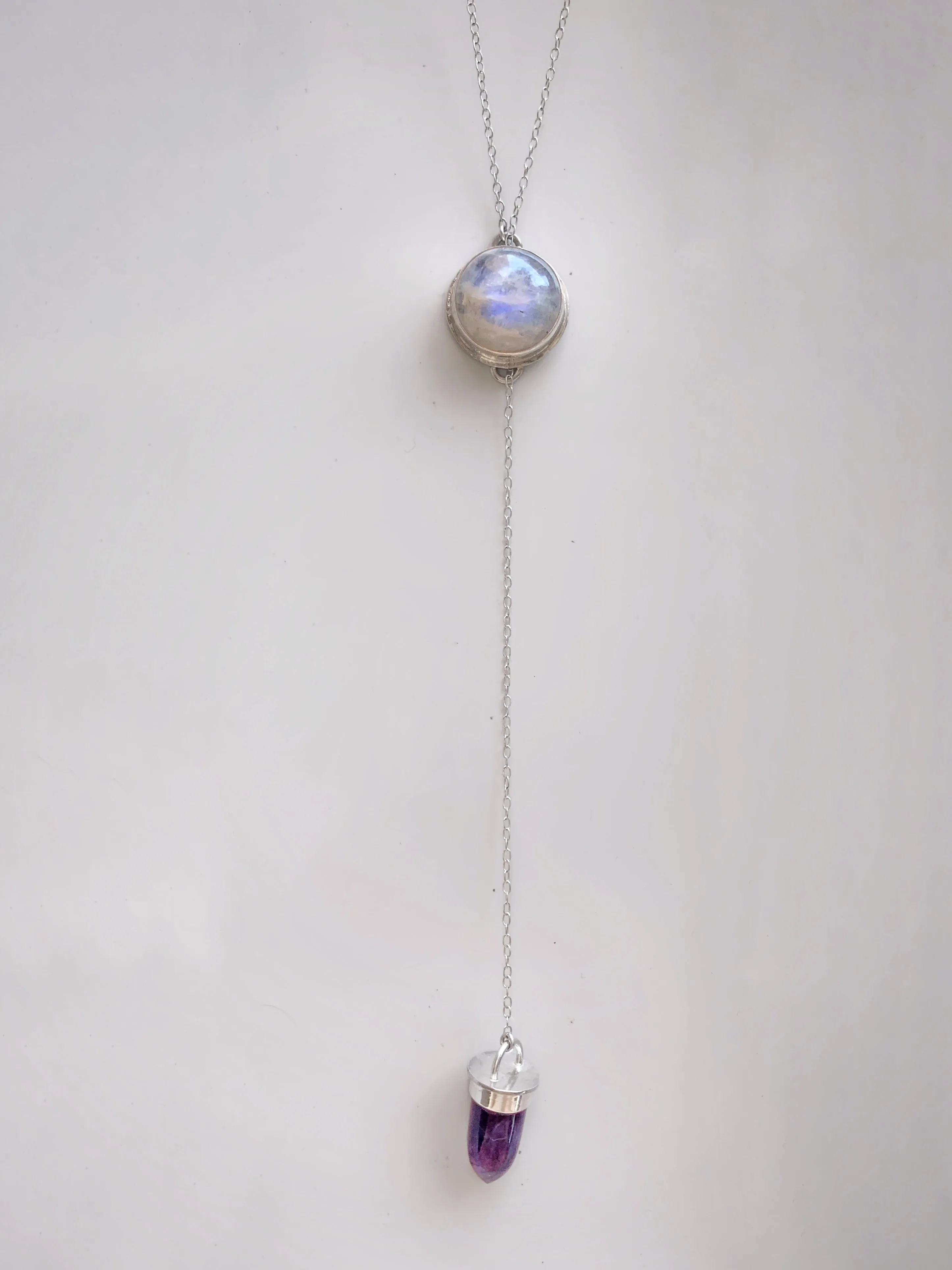 Moonstone & fluorite lariat necklace in silver