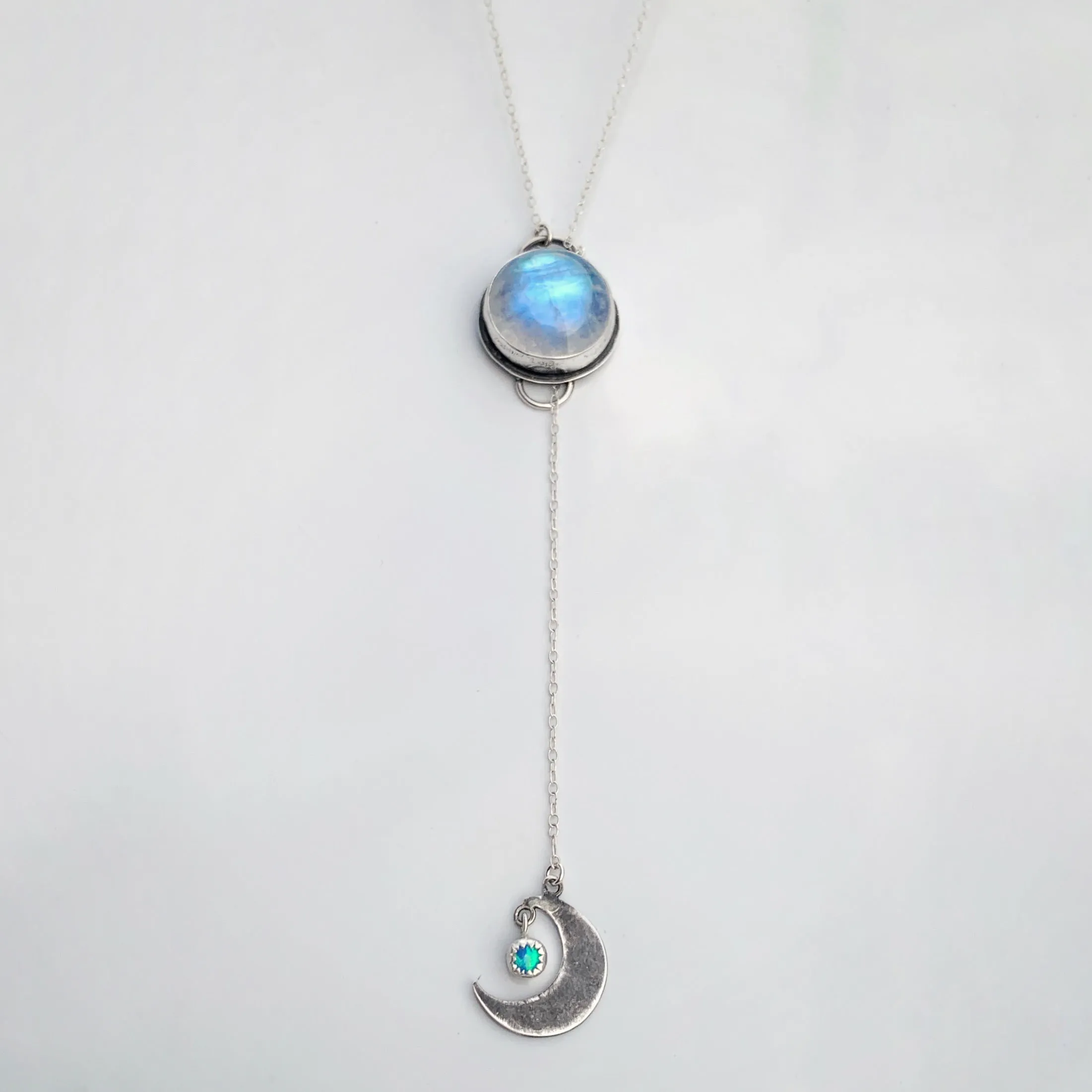 Moonstone & opal lariat necklace in silver