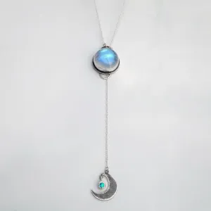 Moonstone & opal lariat necklace in silver