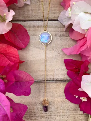 Moonstone & purple fluorite lariat necklace in 14K gold-fill