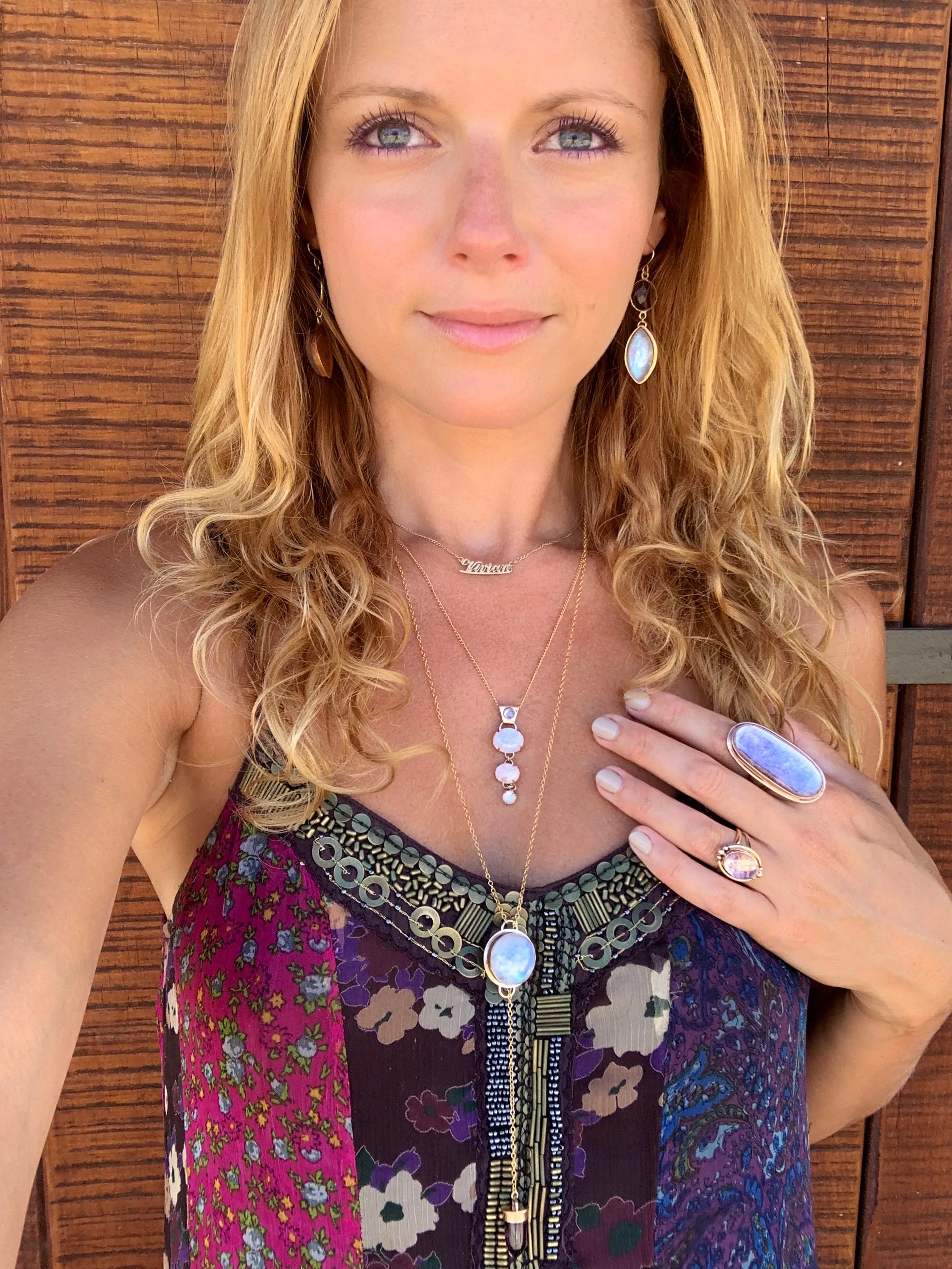Moonstone & purple fluorite lariat necklace in 14K gold-fill