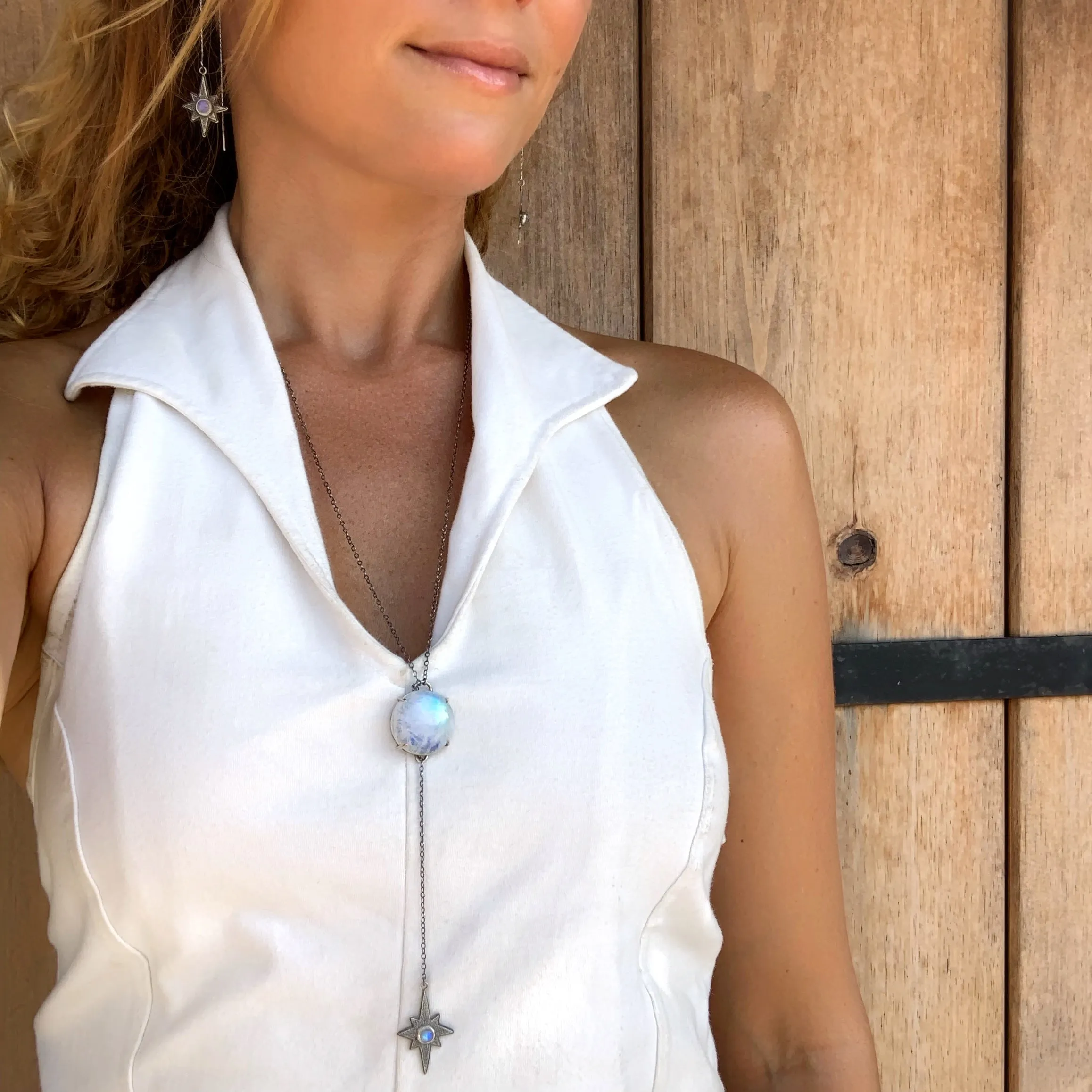 Moonstone & star lariat necklace in silver