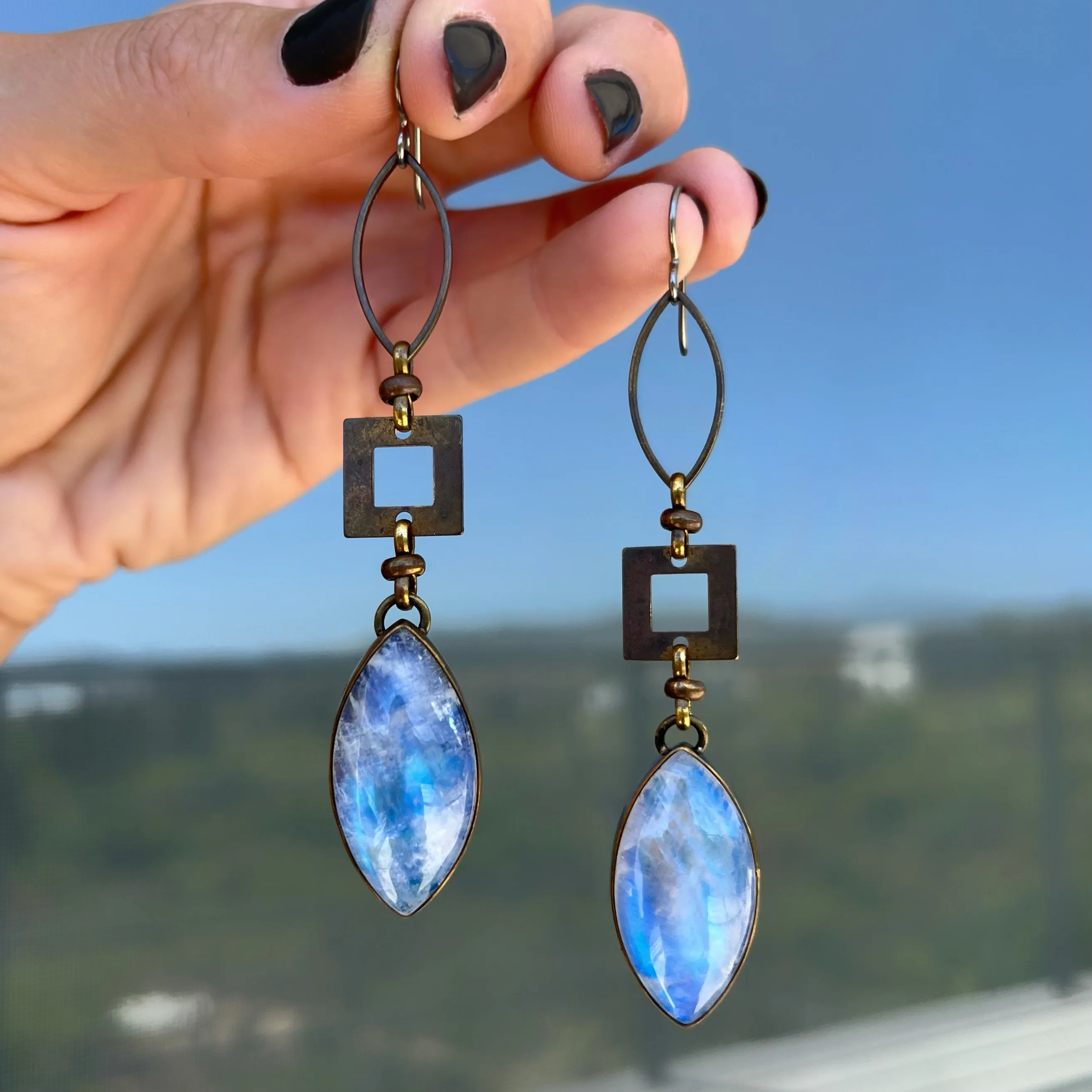 Moonstone earrings in antique brass