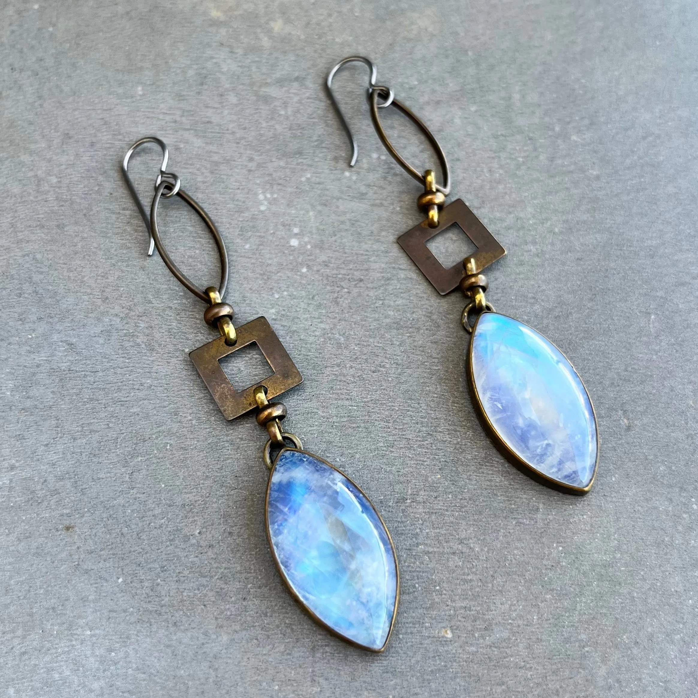 Moonstone earrings in antique brass