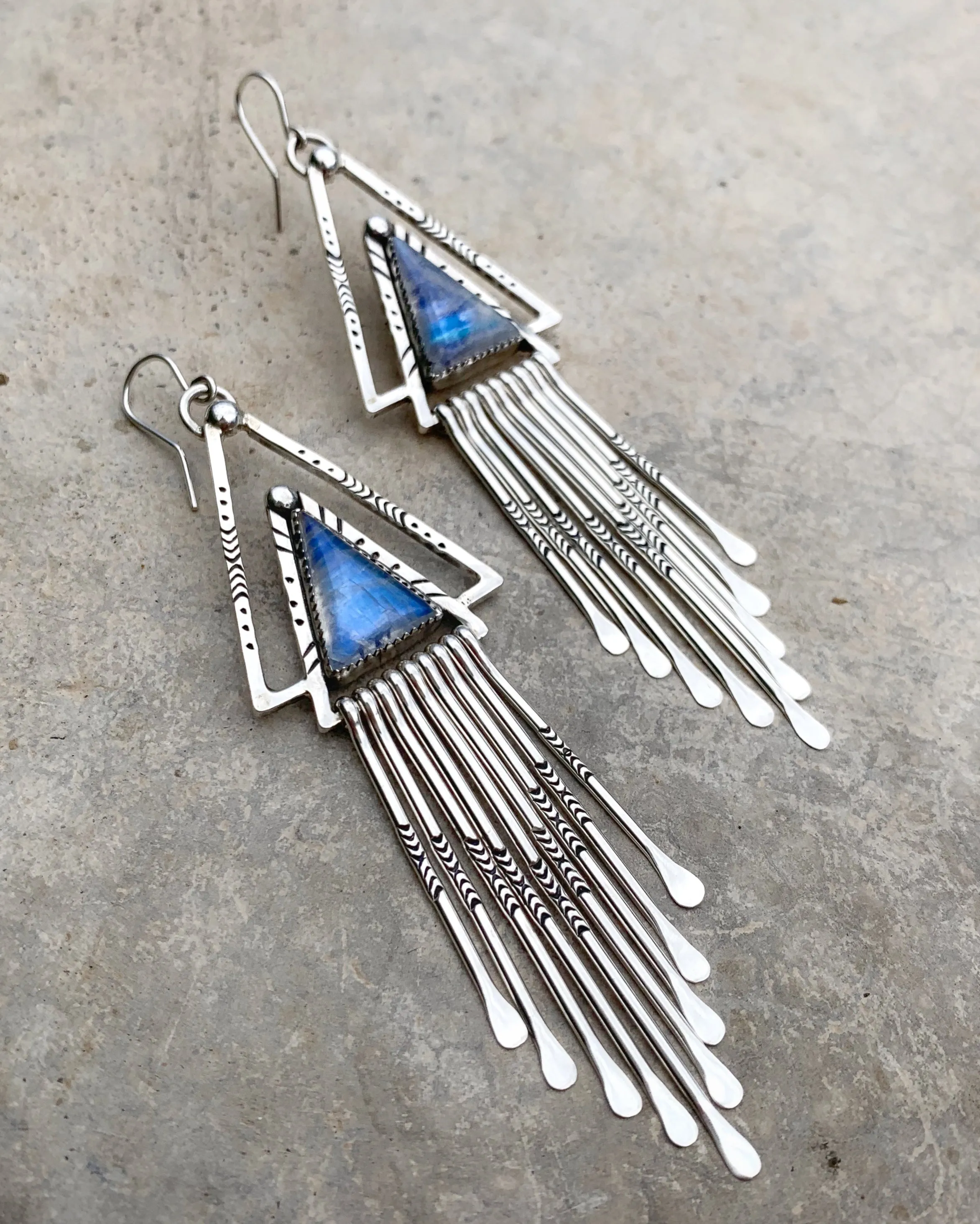 Moonstone triangle fringe earrings in silver
