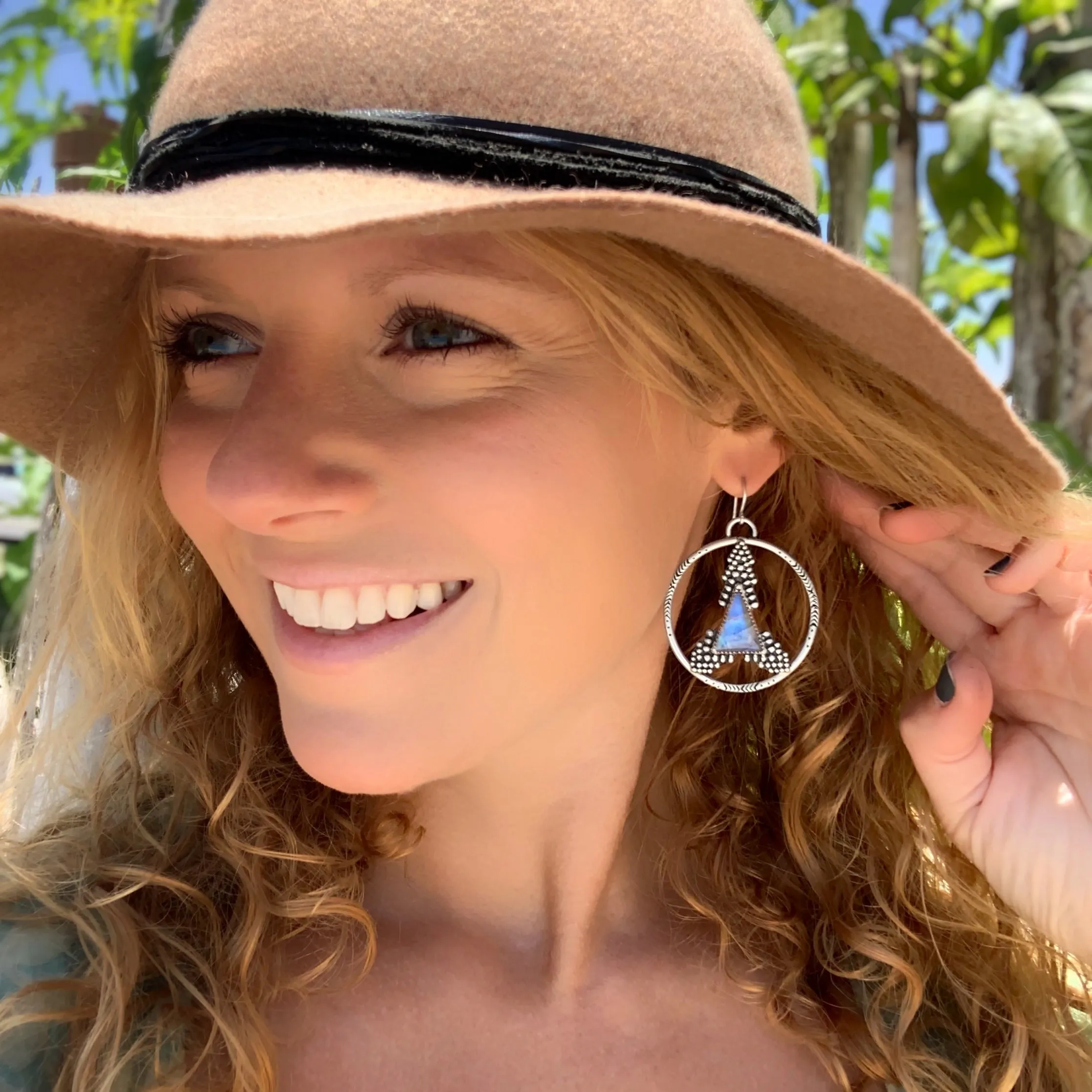 Moonstone triangle hoops with granulation