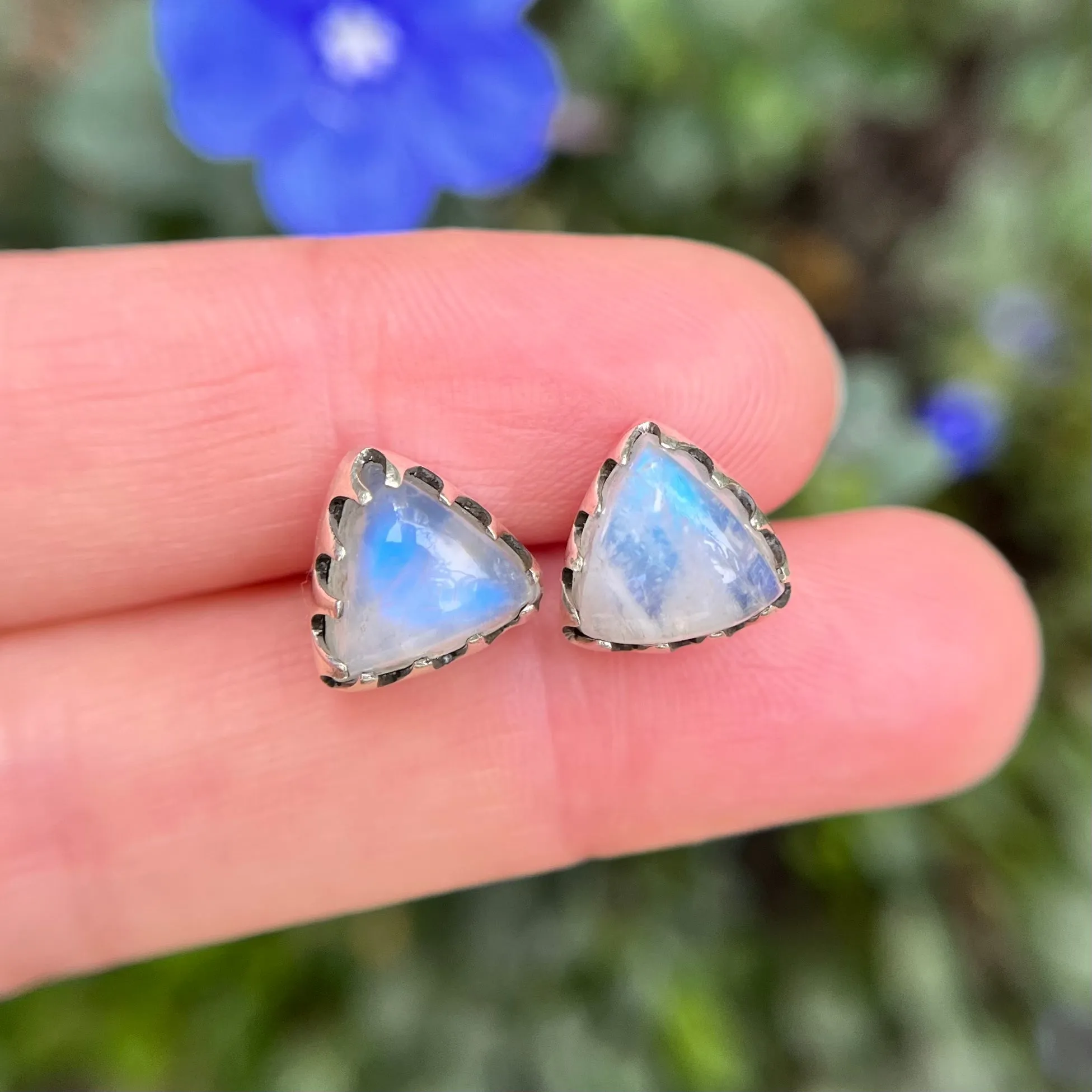Moonstone triangle studs in silver