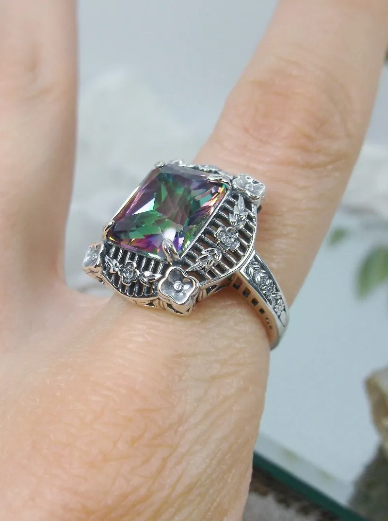 Mystic Topaz Ring, Victorian Floral Filigree Jewelry #D227