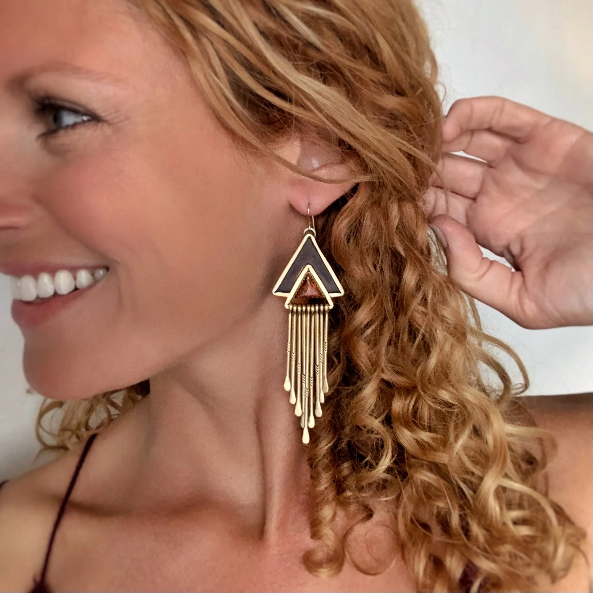 Native copper shadowbox triangle fringe earrings in brass with 14K gold-filled ear wires