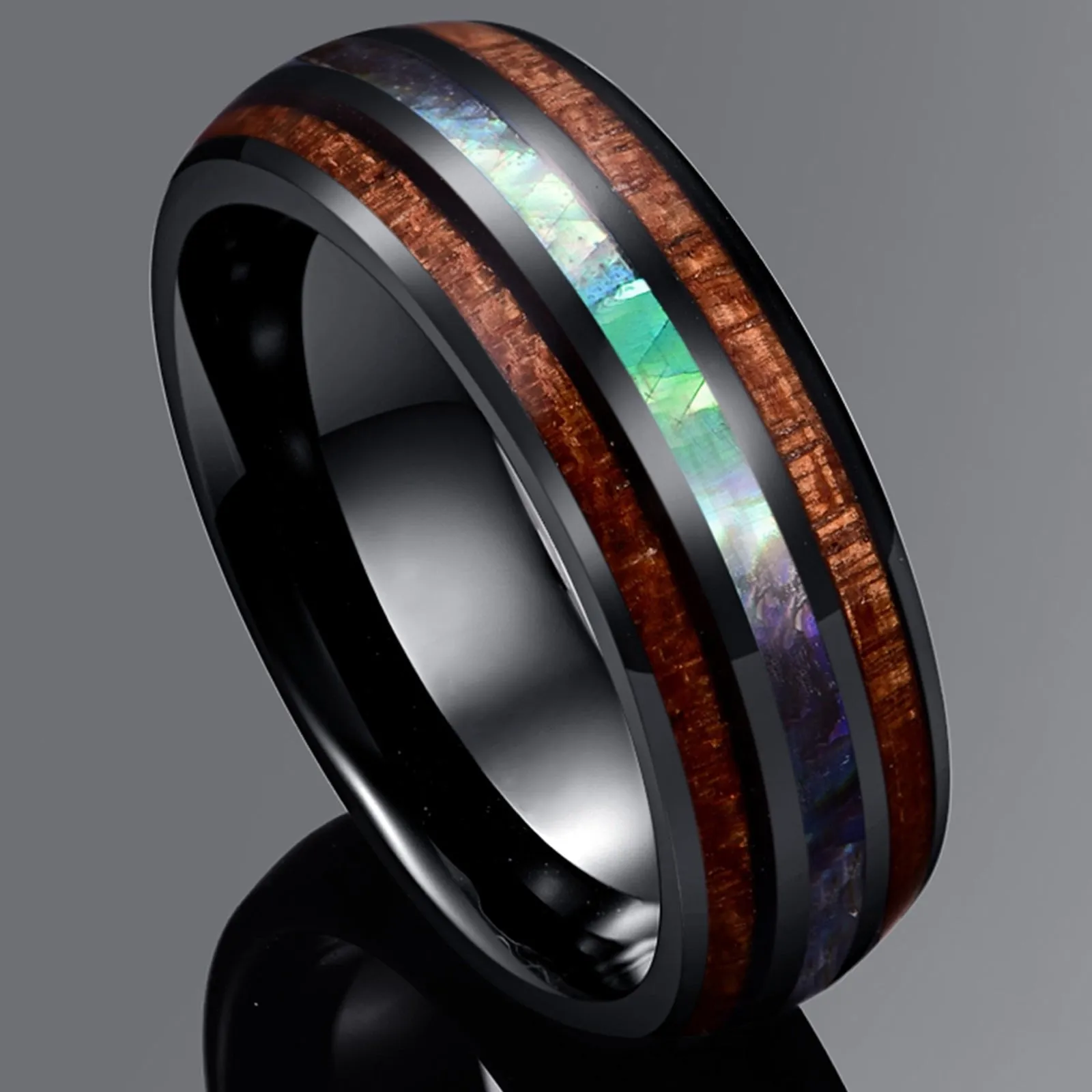 Natural Acacia Wood Opal Black Tungsten Men's Wedding Band