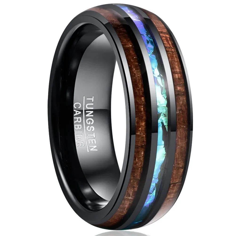 Natural Acacia Wood Opal Black Tungsten Men's Wedding Band