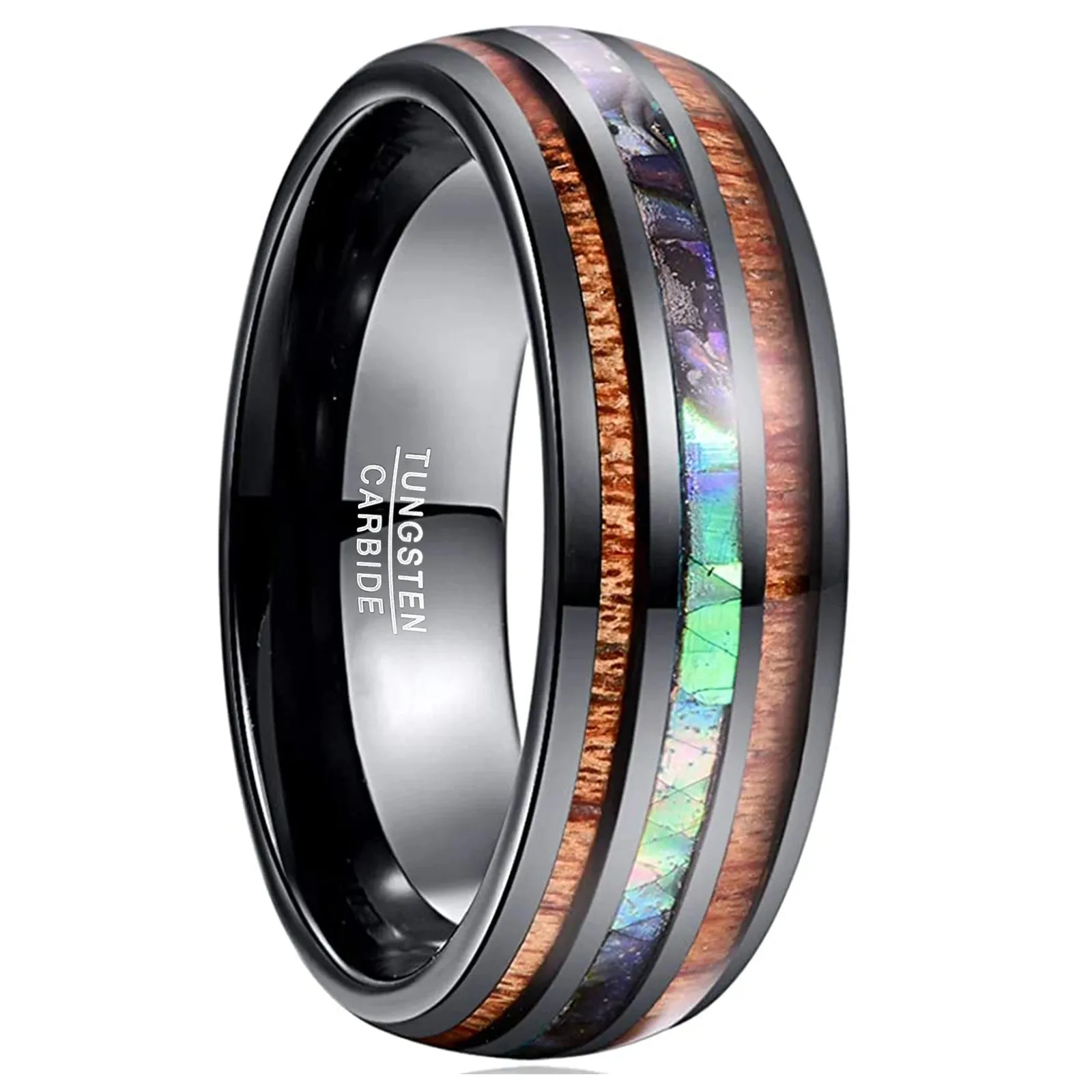 Natural Acacia Wood Opal Black Tungsten Men's Wedding Band