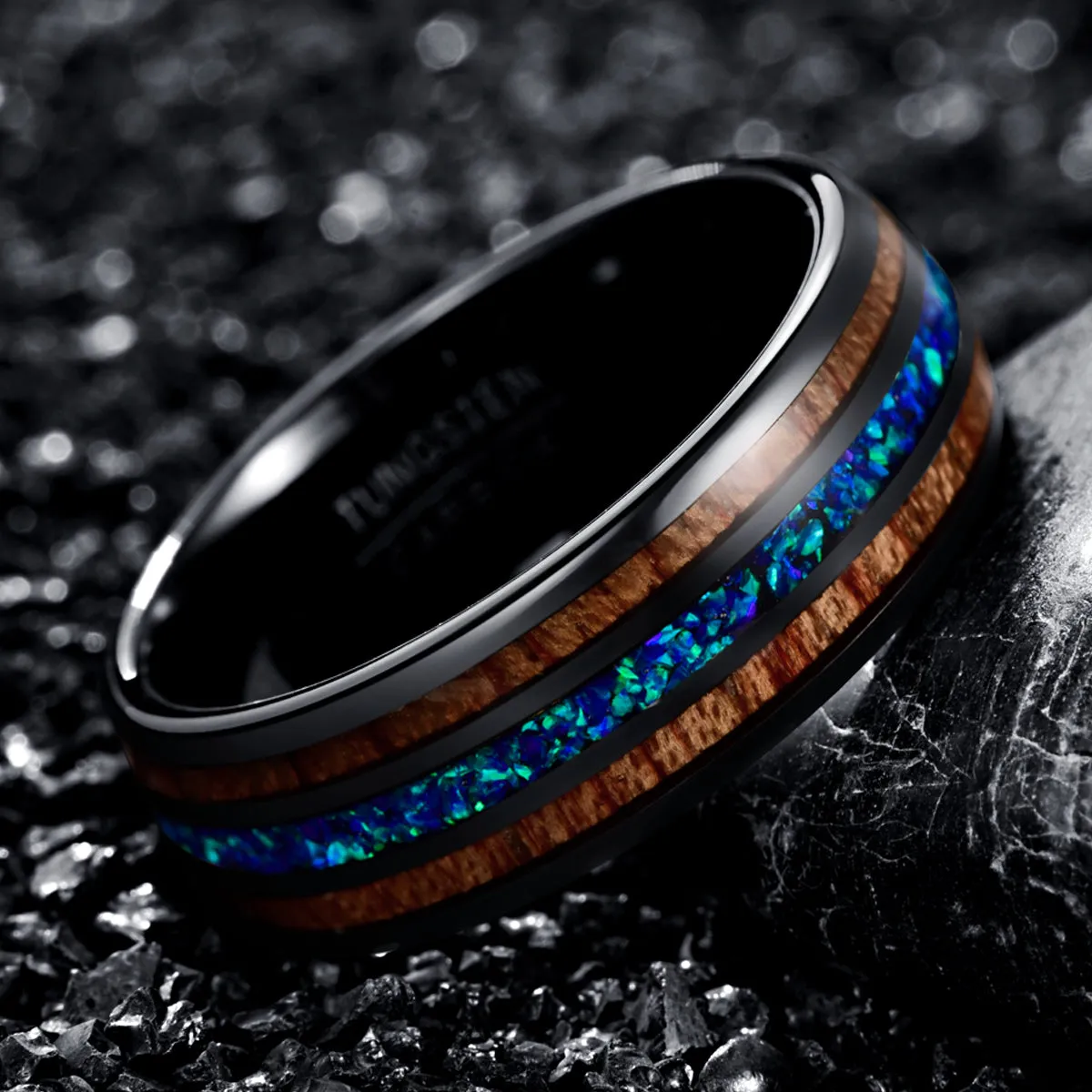 Natural Acacia Wood Opal Black Tungsten Men's Wedding Band