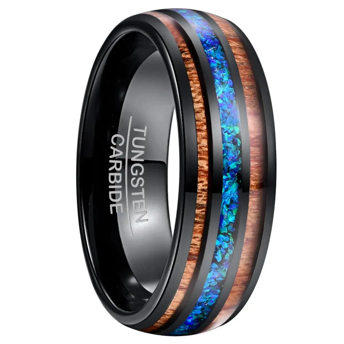 Natural Acacia Wood Opal Black Tungsten Men's Wedding Band