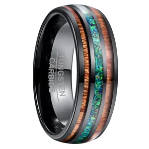 Natural Acacia Wood Opal Black Tungsten Men's Wedding Band