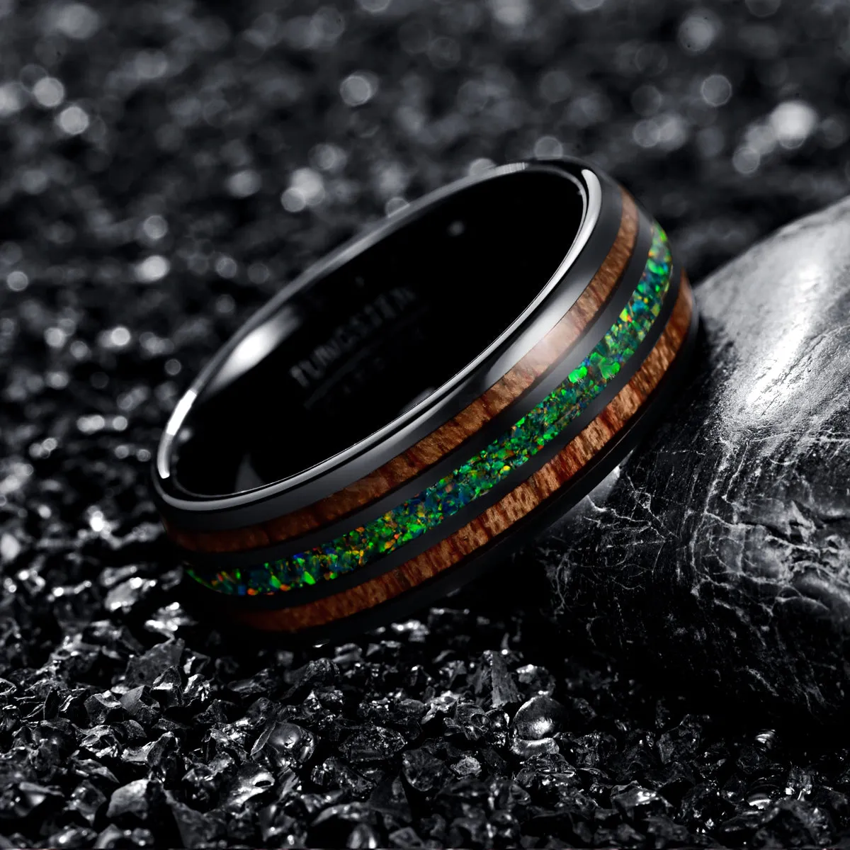 Natural Acacia Wood Opal Black Tungsten Men's Wedding Band