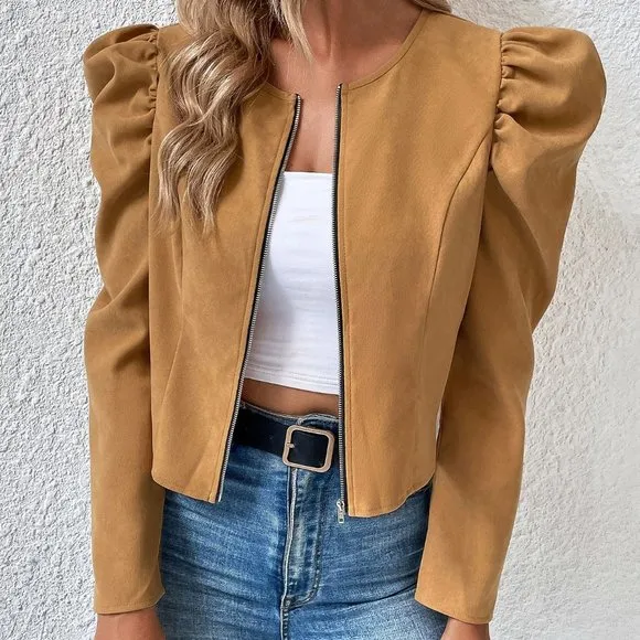 New Solid Gigot Sleeve Jacket Brown