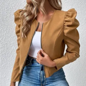 New Solid Gigot Sleeve Jacket Brown