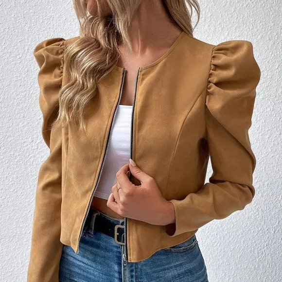 New Solid Gigot Sleeve Jacket Brown