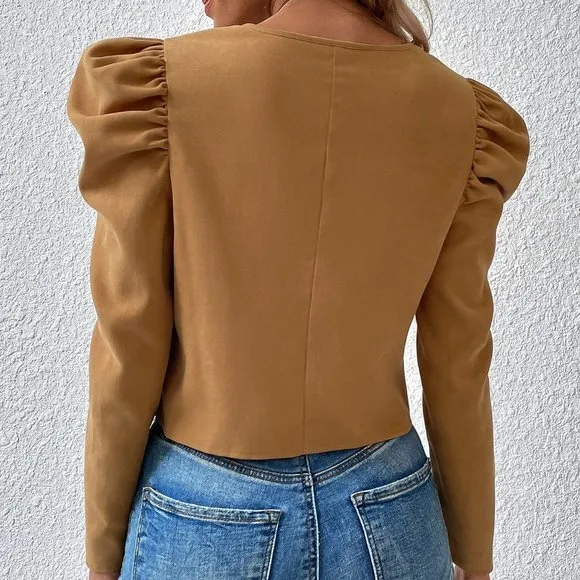 New Solid Gigot Sleeve Jacket Brown