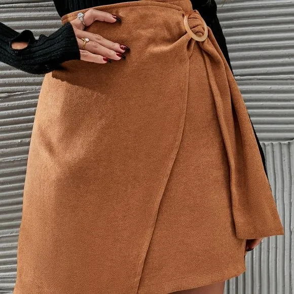 New Solid Ring Buckled Wrap Skirt Brown Size S
