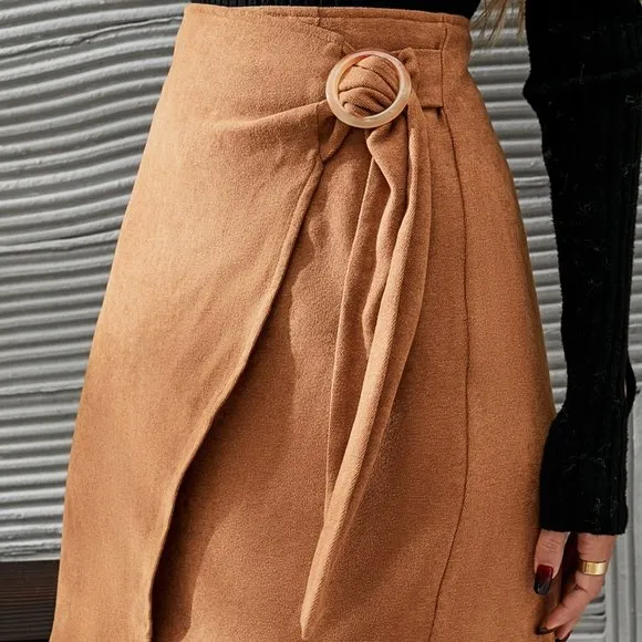 New Solid Ring Buckled Wrap Skirt Brown Size S