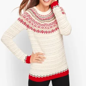 NEW Talbots Cream/Red Fair Isle Diamond Knit Wool Blend Sweater XS