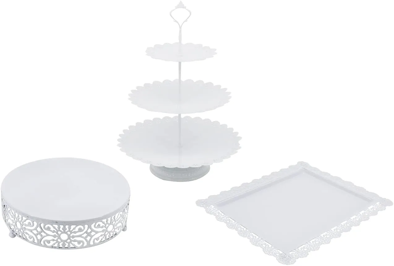 New XMSound 3 Pieces Cake Stand Set ,White Metal Cupcake Holder Dessert Display Plate ,Decor Serving Platter for Wedding Birthday Parties Celebration