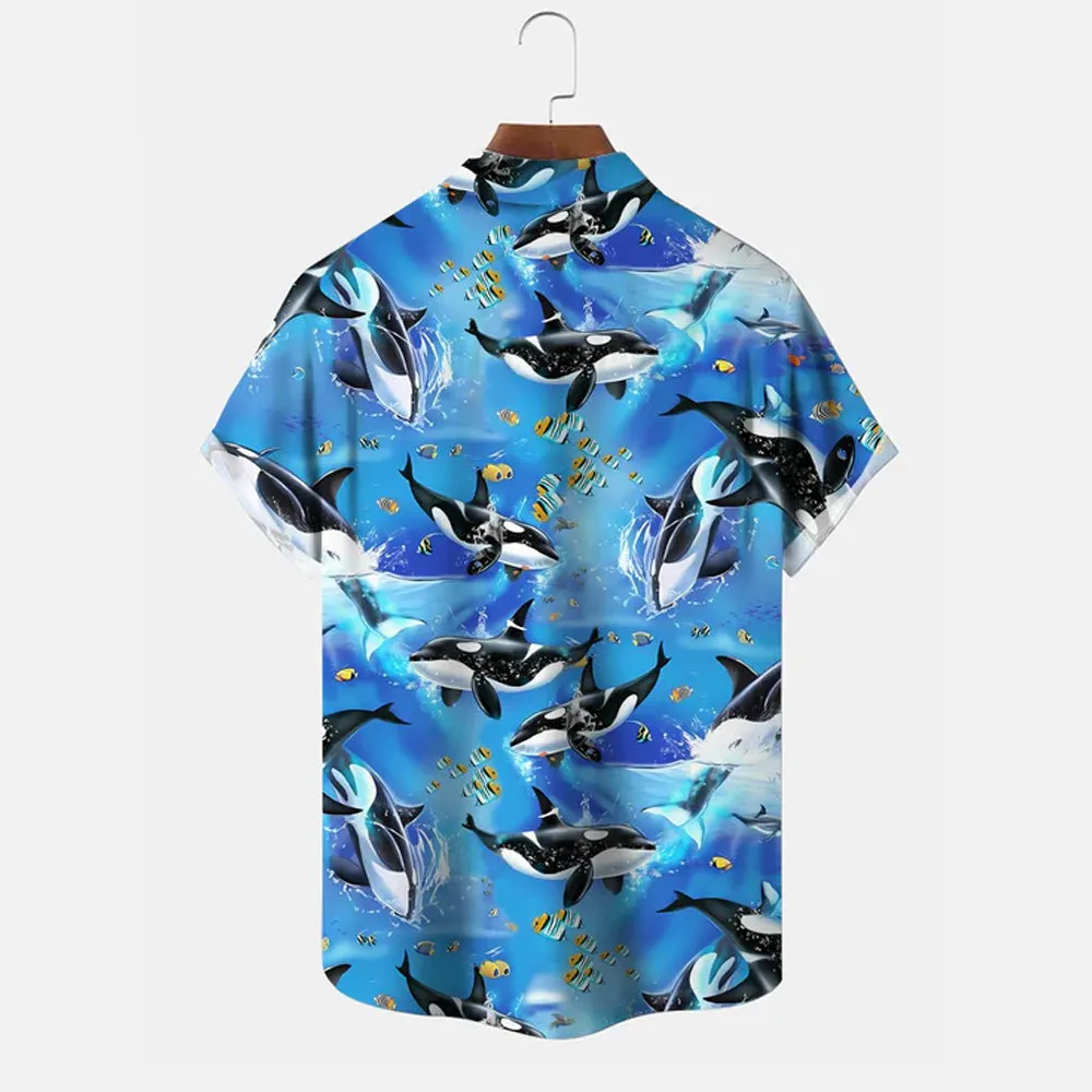 Ocean Whale Button Pocket Casual Short Sleeve Shirt