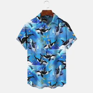 Ocean Whale Button Pocket Casual Short Sleeve Shirt