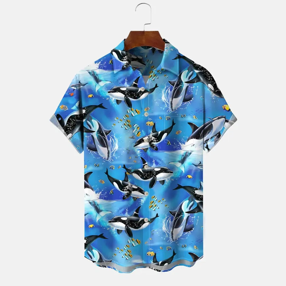 Ocean Whale Button Pocket Casual Short Sleeve Shirt