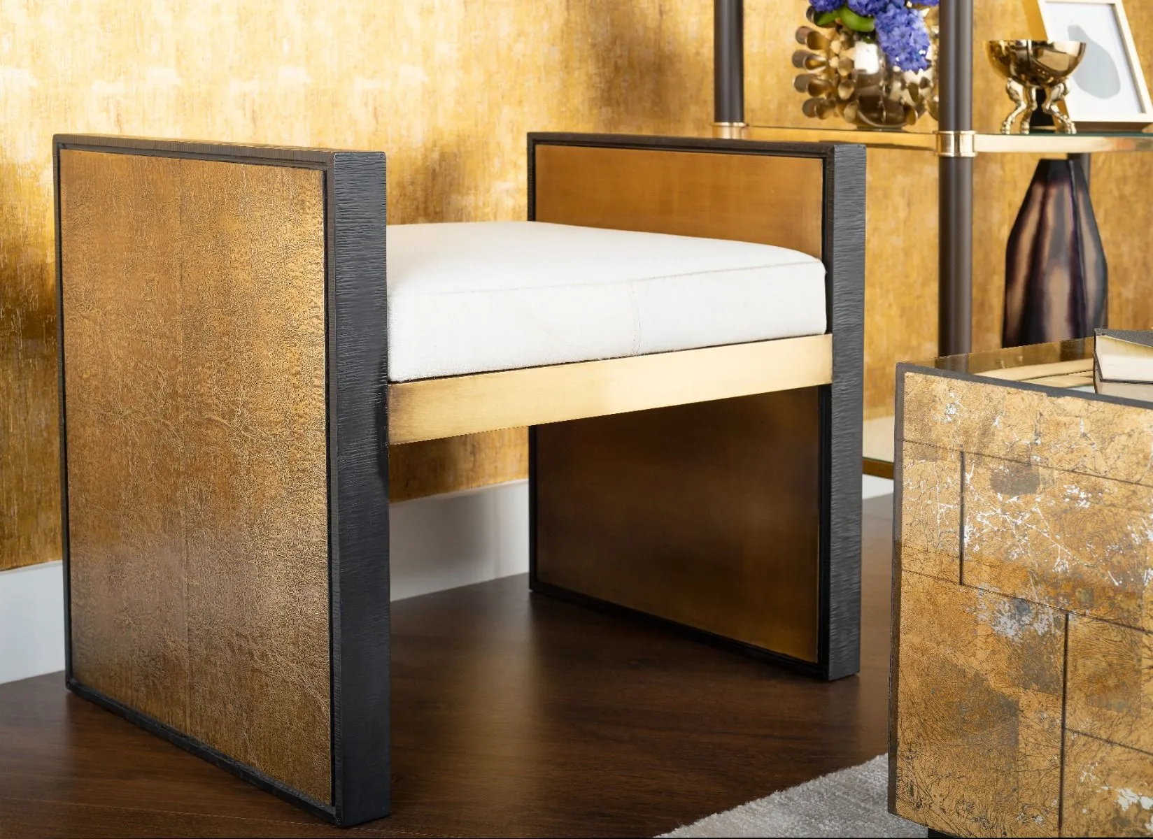 Odeon Bench/Side Table / Antique Brass and Dark Bronze