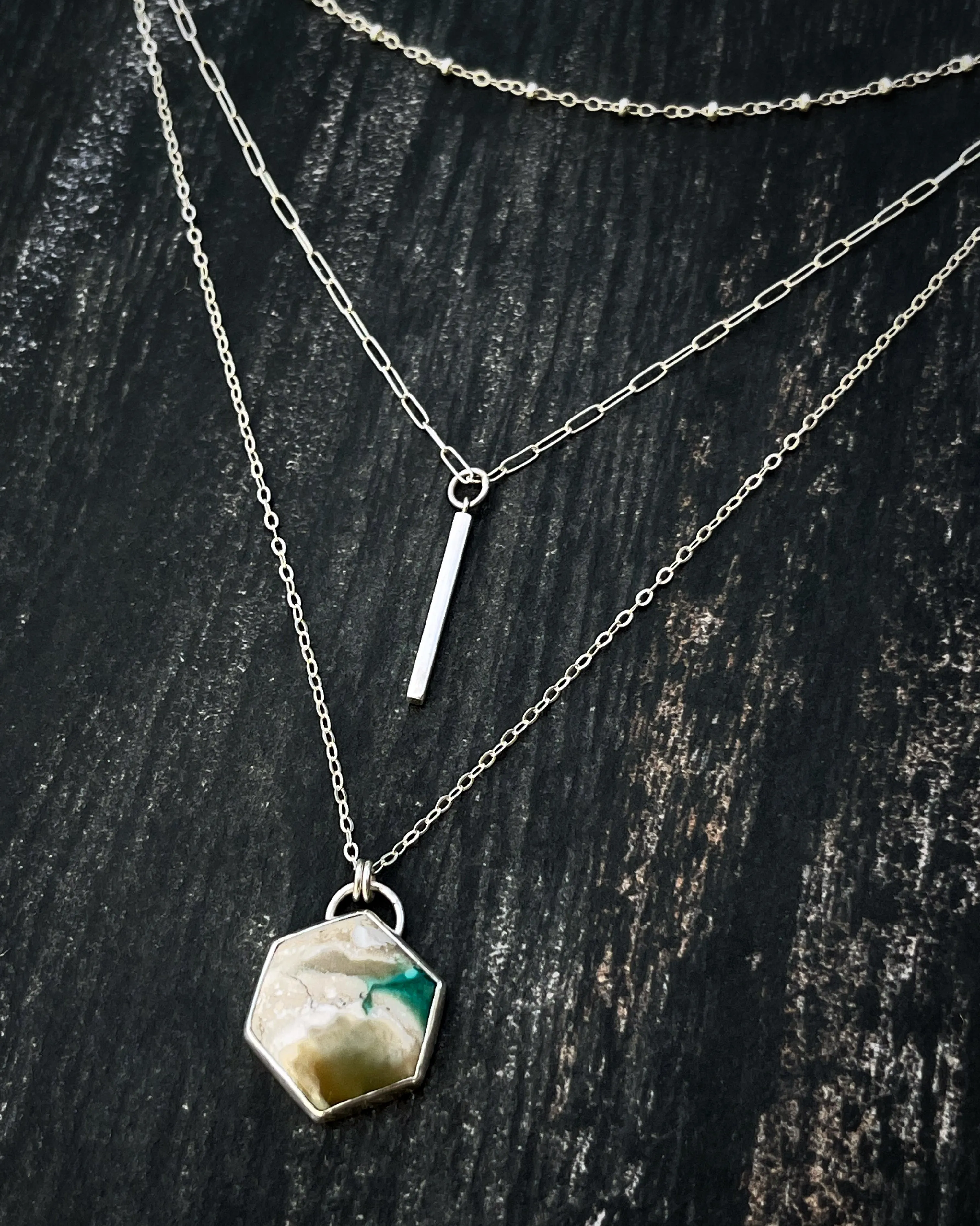 Opalized petrified wood layered necklace set in silver