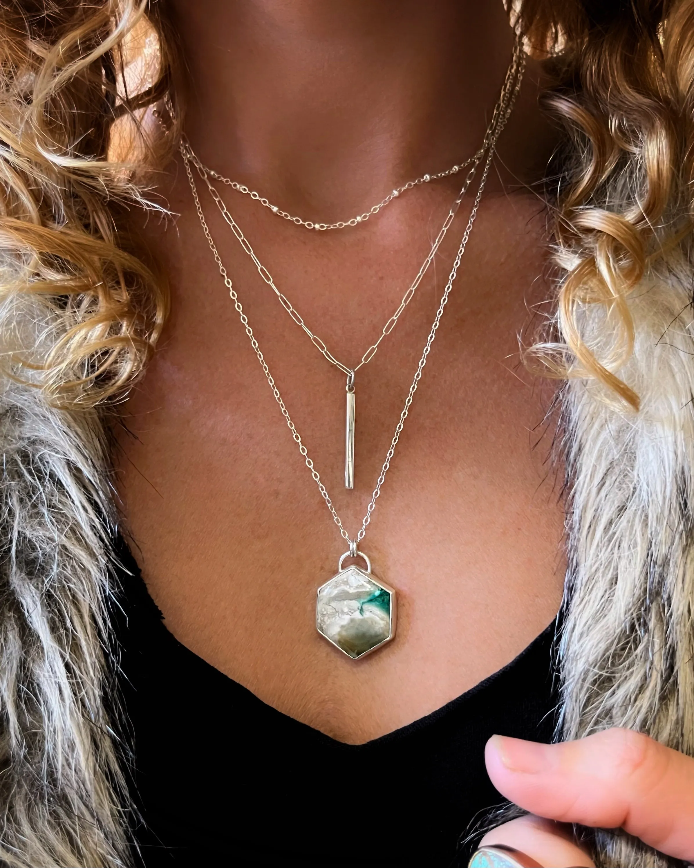 Opalized petrified wood layered necklace set in silver