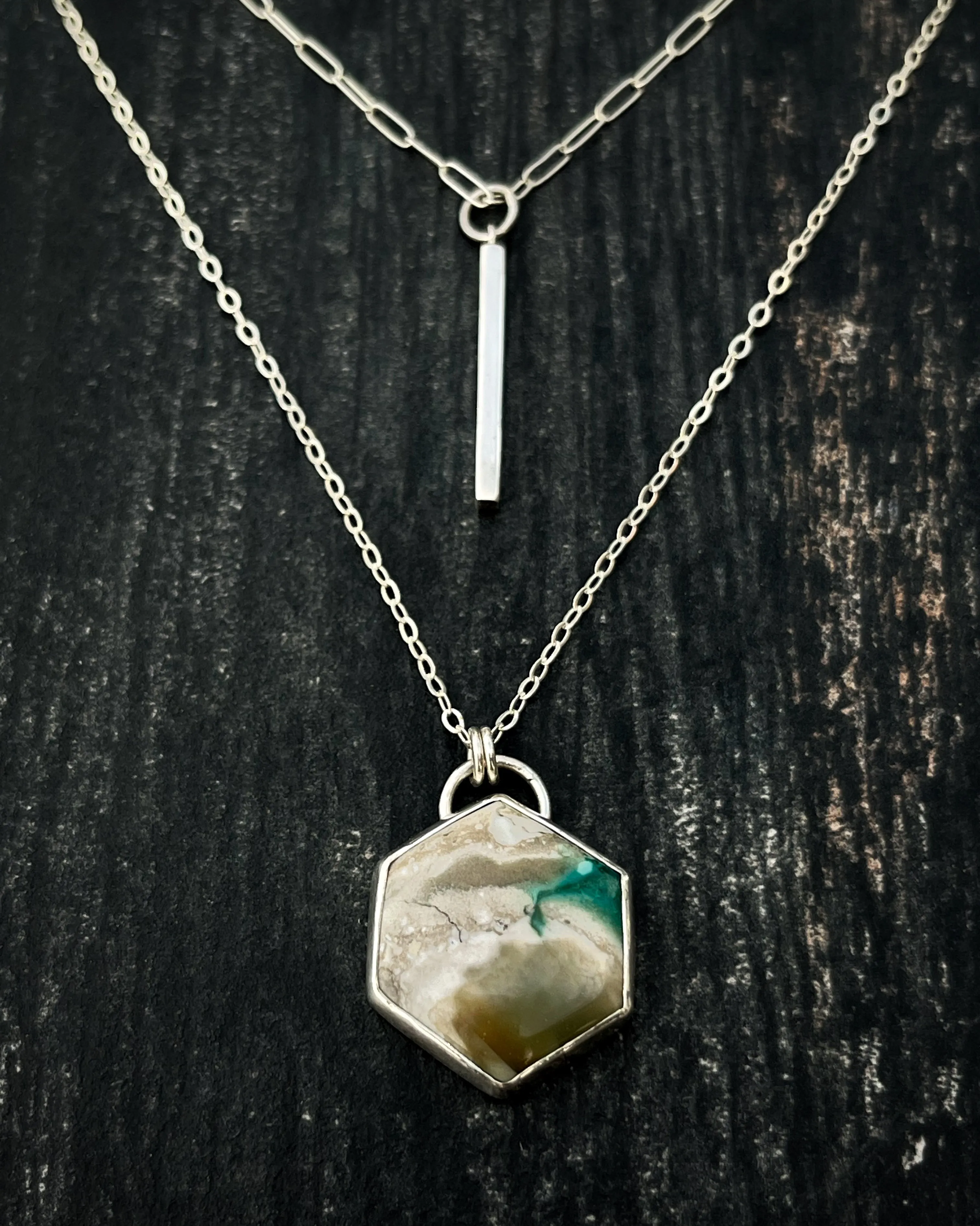 Opalized petrified wood layered necklace set in silver