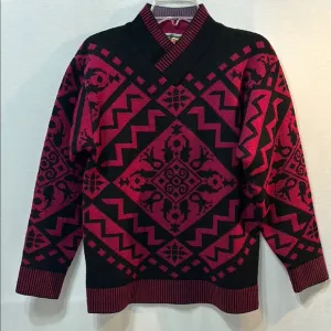 Ossi Skiwear 100% Wool Black &amp; Dark Pink Geometric Pattern Sweater, Size Small