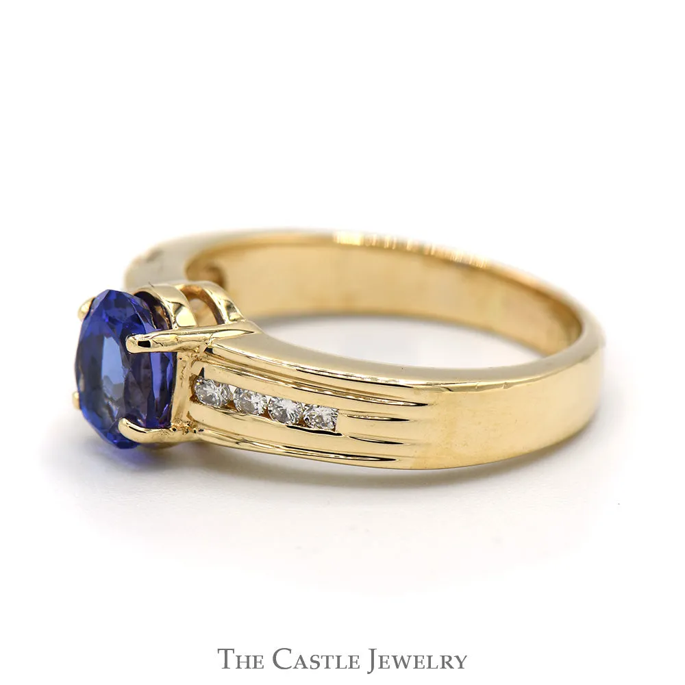 Oval Tanzanite Ring with Channel Set Round Diamond Accents in 14K Yellow Gold