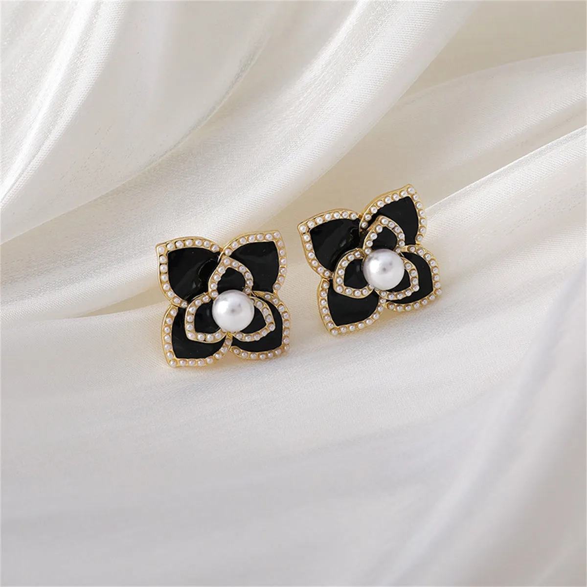 Pearl & Black Camellia 18K Gold-Plated Stud Earrings