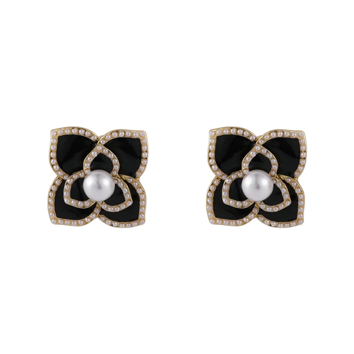 Pearl & Black Camellia 18K Gold-Plated Stud Earrings