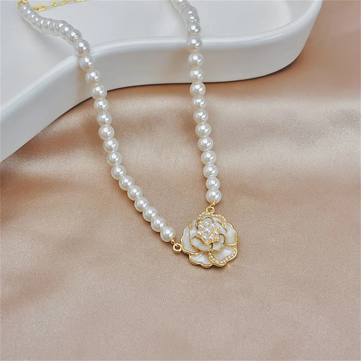 Pearl & Enamel 18K Gold-Plated Camellia Pendant Necklace