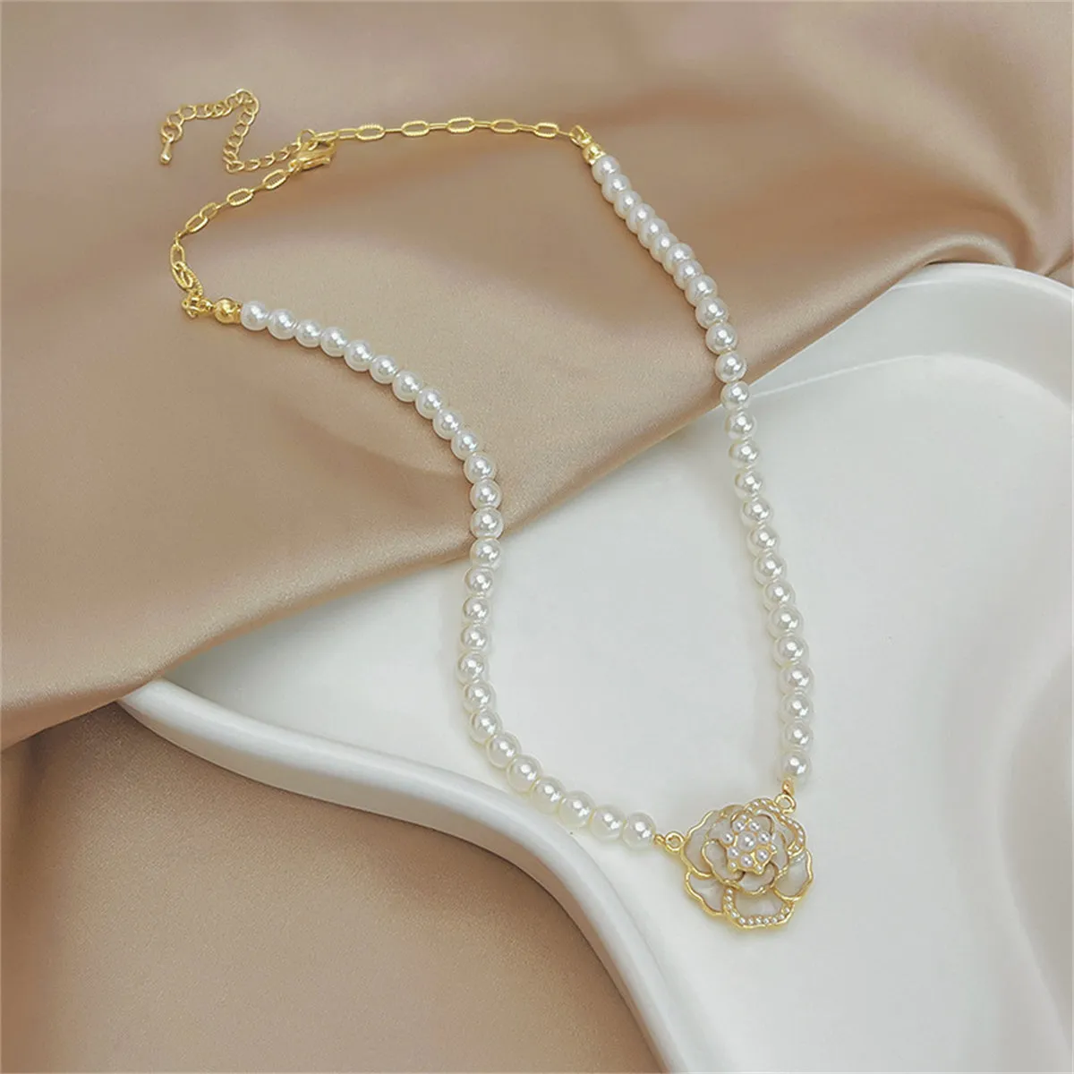 Pearl & Enamel 18K Gold-Plated Camellia Pendant Necklace