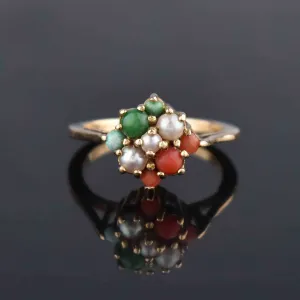 Pearl Turquoise Coral Cluster Ring in 14K Gold