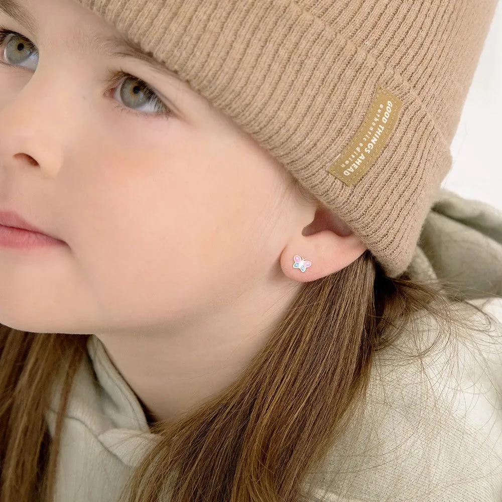 Pink & Blue Butterfly Enamel Little Girl's Stud Earrings